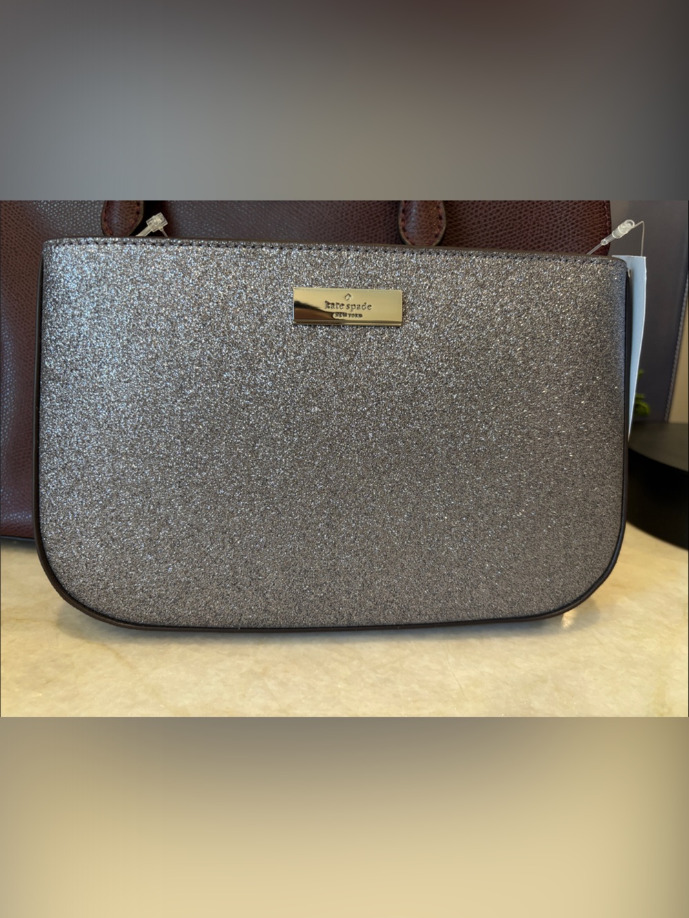 kate spade Silver Glitter Toiletry Bag with Gold Plaque